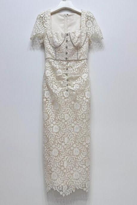 Ivory White Square Collar Diamond Lace Elegant Dress Midi