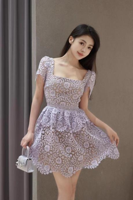 Sexy Square Neck Backless Water-soluble Lace Waisted Purple Dress