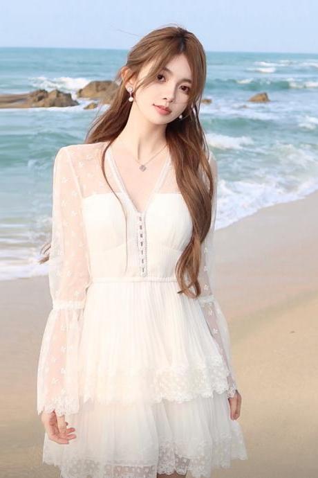 Chiffon Lace Sweet Angel Sleeve V-neck Dress