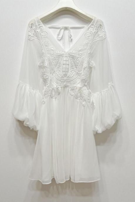 White Fresh And Ethereal Chiffon Patchwork Lace Two-piece Dress