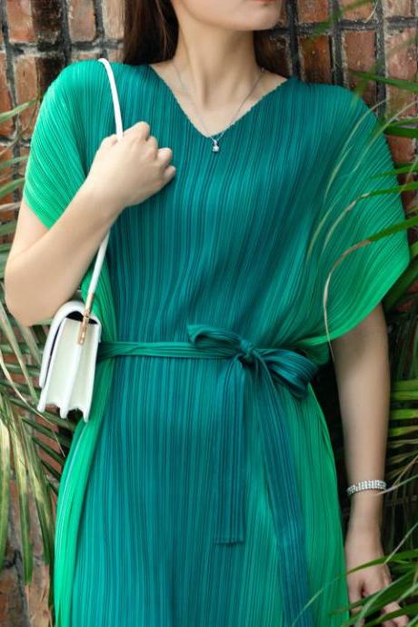 Pleated Dress Summer Women's Gradient Color Lace-up Waist Avocado Green