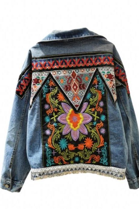 Heavy Embroidery Applique Cloth Bohemian Vintage Travel Holiday Loose Denim Women&amp;#039;s Coat
