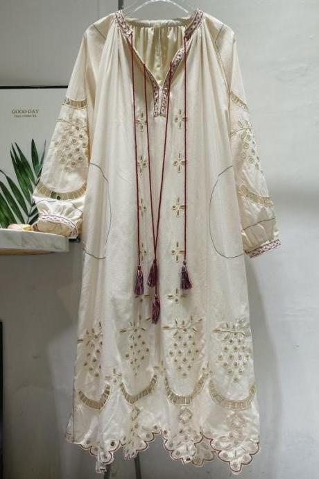 Apricot Fringe V-neck Lace-up Dress ~ Heavy Embroidery Hollow-out Long Dress