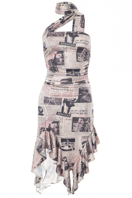 Irregular Design To Do Old Newspaper Printed One-line Collar Dress Women Summer Style