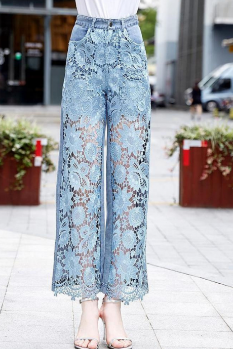 High-waisted Wide-leg Pants All-in-one Lace Patchwork Denim Slacks Women Loose Straight Tube