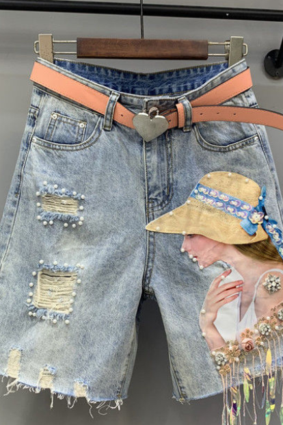Beauty Map Fringed Sequins Beaded Ripped Five Cent Denim Shorts Women&amp;#039;s Age Age Straight Mid-length Pants Trend