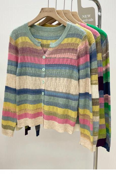 Color Knit Cardigan Women&amp;#039;s Autumn V-neck Hollow Striped Bottom Top Long-sleeved Fashion Sweater