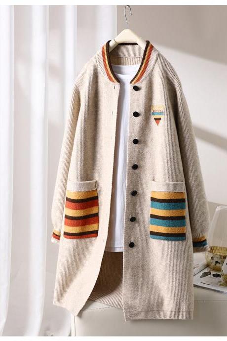 Baseball Collar Matching Color In The Long Knitted Cardigan 2023 Autumn And Winter Korean Version Of Single-breasted Loose Sweater