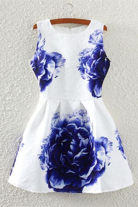 Collar Peony Blue And White Porcelain Printing Sleeveless High Waist Vest Dress Clearance