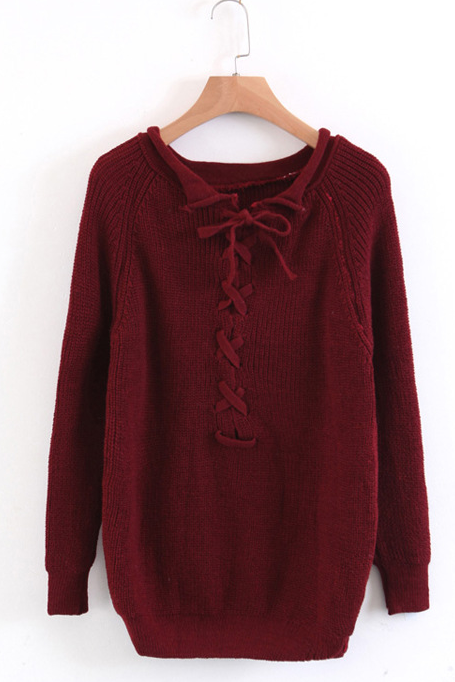 Crew-neck Strap Pullover Knit Stylish Solid Color All-in-one Sweater