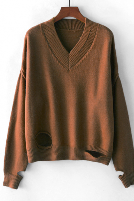 V-neck Solid Color Ripped Pullover Loose Knit Sweater With Long Sleeves
