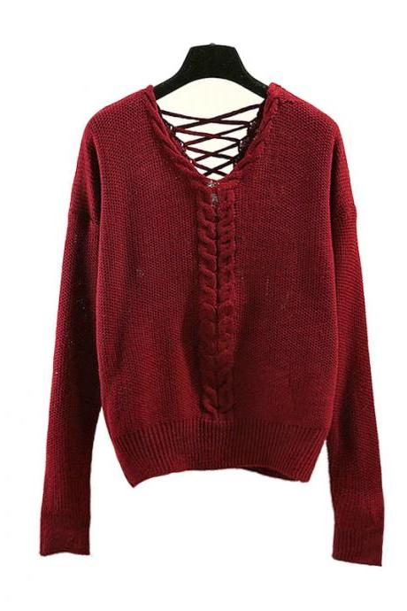 Solid Color Pullover Hollowed-out Lace Twist Knit Sweater With Sweater Woman