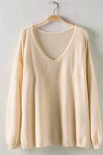 V-neck Long Sleeve Loose Thin Knit Sweater Solid Color Casual Pullover Sweater