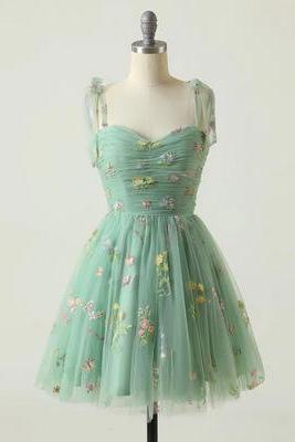 Floral Halter Green Dress Girl's Birthday Dress Small Luxury French Tea Break Short Dress