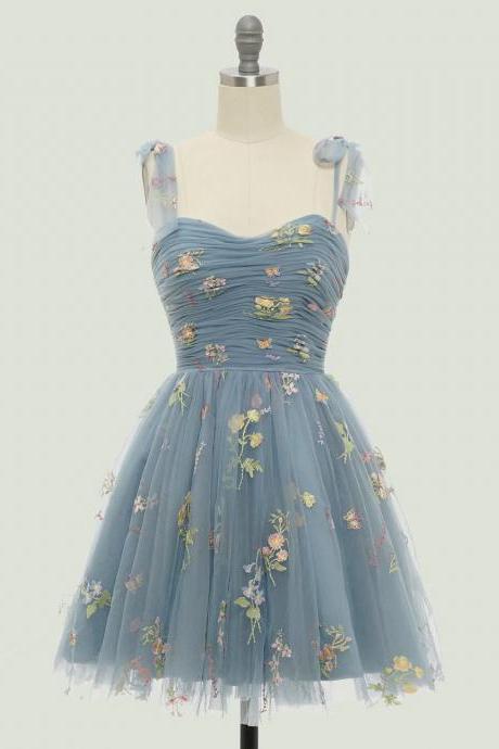 2023 Floral Grey Blue Dress Small Luxury French Mori 2023 Summer Light Luxury Little Dress