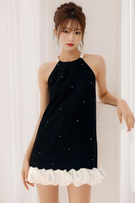 Hand-beaded Black Halter Dress For Women 2023 Summer Slimming Full Star A-line Skirt