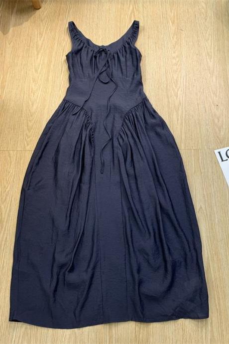 Courtly Style Advanced Sense Lace-up Slim Sleeveless Dress Waist Design Long Skirt