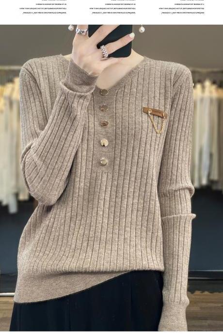 V-neck Long Sleeve Brooch With Foreign Style Loose Sweater Top For Women's Wear