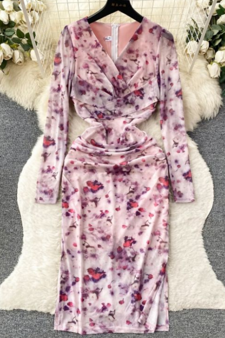 Temperament Dress Female Autumn French Pure Desire For High-grade Pleated Waist Print Gauze Skirt