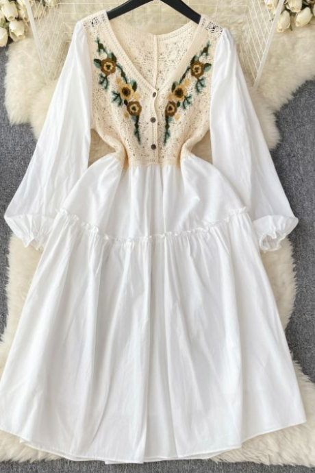 Knitted Hook Flower Embroidered Dress Female Autumn Dress 2023 Korean Version Of Age Reduction Sweet Holiday Dress