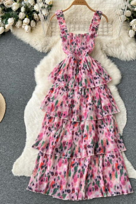 Summer Dress French Cake Dress Female Wooden Ear Edge Temperament Holiday Style Pleated Floral Halter Dress