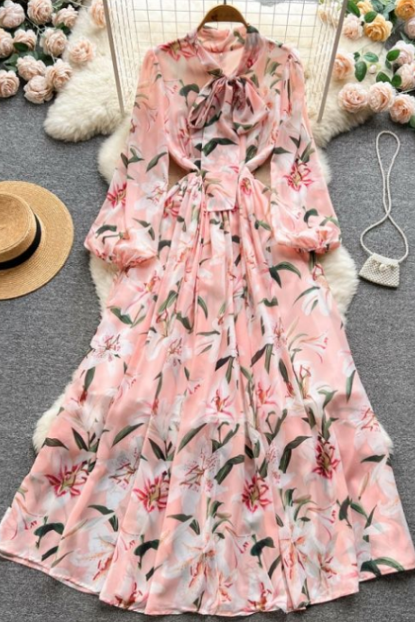 Sweet Dress Female Spring And Autumn Fashion Temperament Bubble Sleeve Over The Knee Floral Fairy Dress