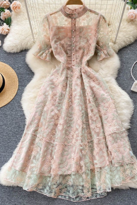 Summer Heavy Industry Embroidery Dress Skirt Elegant Medium Length Mesh Waist Puffed Sleeve Dress