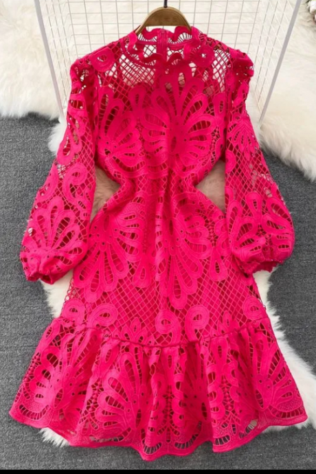 Stand Collar Bubble Sleeve Waist Slimming A-line Flanged Crochet Cutout Water Soluble Lace Dress