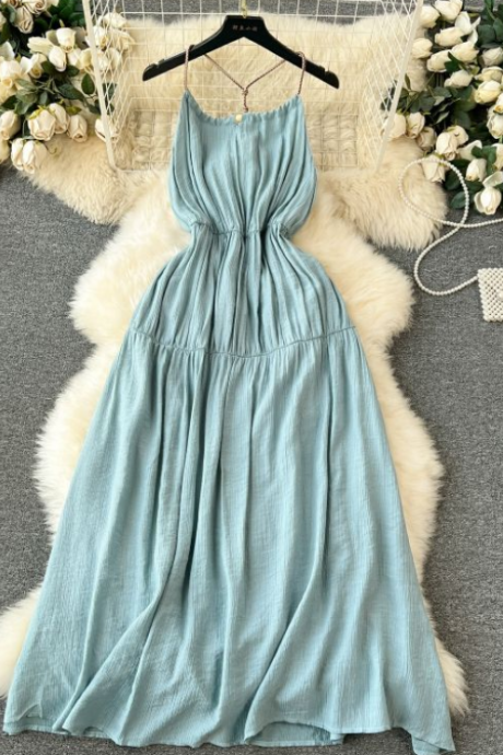 Strap Dress Sexy Hollow Out Open Back A-line Fairy Dress Temperament Dropping Feeling Long Dress