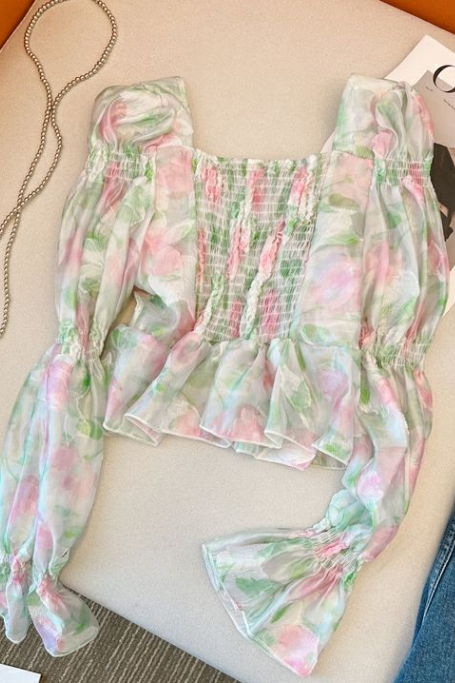 Ruffle Edge Fragmented Flower Small Shirt Women's Summer Pure Desire Lace Up Sunscreen Shirt High Grade Unique Top