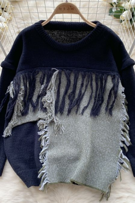 Knit Sweater Women's Autumn Winter Fringe Patchwork Design Loose Blast Street Top