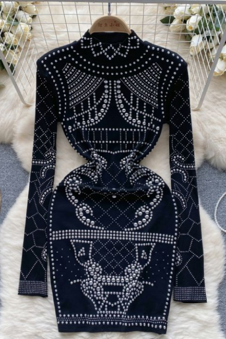 Vintage Style Haute Couture Dress Women's Autumn/winter Semi-high-neck Diamond Design Beautiful Spice Dress