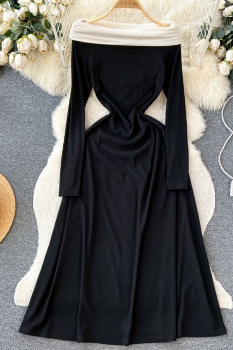 One-shoulder Long-sleeved Dress For Women 2023 Style Niche High-grade Chic Waist Temperament Off-the-shoulder Dress