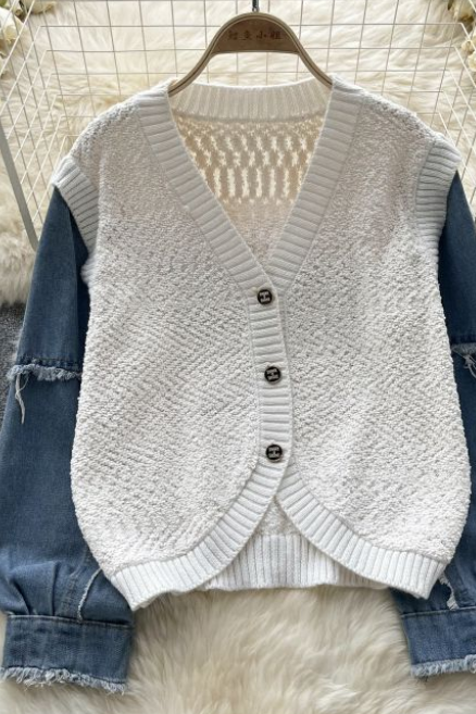 Lazy Knit Cardigan Sweater Women's Autumn Winter Denim Patchwork Loose Design Feel Cool Spicy Fried Street Top