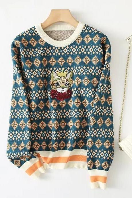 Vintage Pullovers Cute Cat Sweater