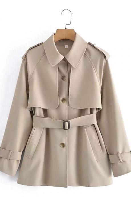 Elegant Beige Trench Coat With Belted Waist And Buckle Cuffs