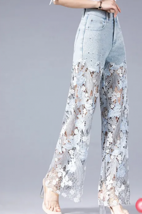 Summer new all-in-one lace patchwork denim pants down