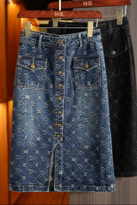 Love Jacquard Style Denim Skirt Female 2023 Autumn Casual Design Sense Of Slit Wrap Hip Skirt