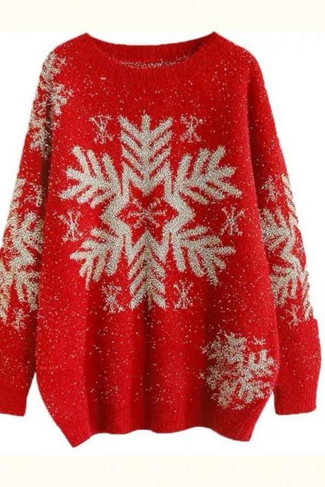 Christmas Snowflake Year&amp;#039;s Red Sweater Sweater Women&amp;#039;s Thick Loose Jumper Medium Long Top