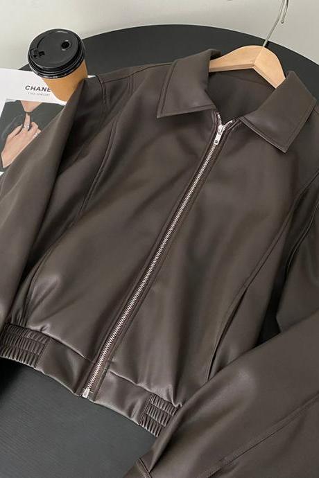 Vintage Coffee Color Motorcycle Leather Jacket For Women Korean Stand Collar Loose Leather Jacket