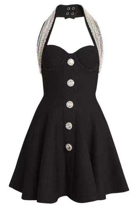 Waist Figure Hanging Neck Diamond Set Dress Little Black Dress