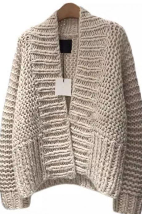 Knit Cardigan Coat Thick Line Long Sleeve V-neck Loose Cardigan