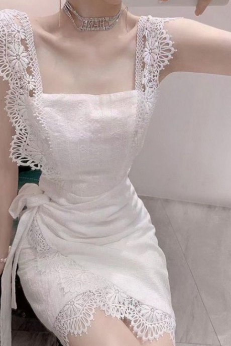 Temperament Slim Dress Texture Advanced Sense Gentle Style French Sleeveless White Lace Halter Dress Female Summer
