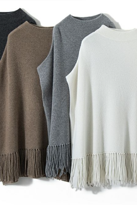 Knitted Shawl Thickened Mid-length Cape Fringe Loose Half Turtleneck Sweater