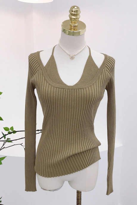 Retro V-neck Fake Two Lace-up One-shoulder Slim-fit Sweater Tops