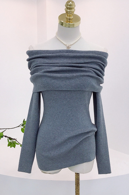 Retro Temperament Lazy Style Short Slimming Set Head One Line Shoulder Off-shoulder Sweater Woman