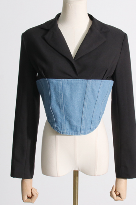 Long Sleeve Suit Jacket Spliced Denim Waist Slimming Back Zipper Suit Top