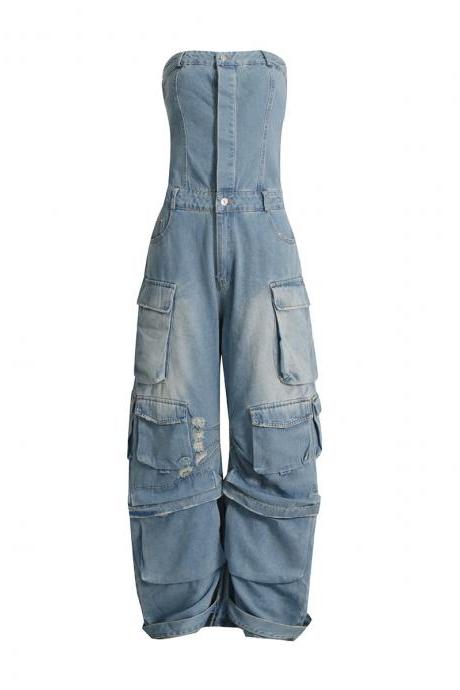 Top Up And Waist Down Girl Multi-pocket Denim Overalls Jumpsuit