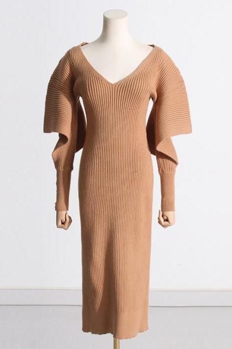 V-neck Long Irregular Sleeve Design Waist Knit Dress Women
