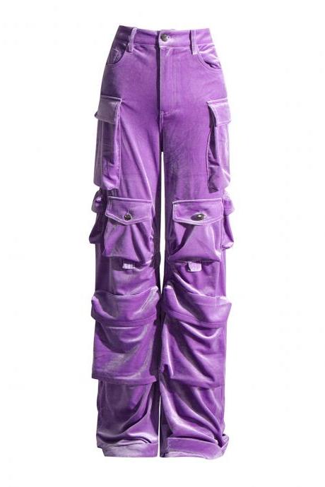 Autumn Mid-waist Mopping Silhouette Velvet Women's Multi-bag Casual Pants Women